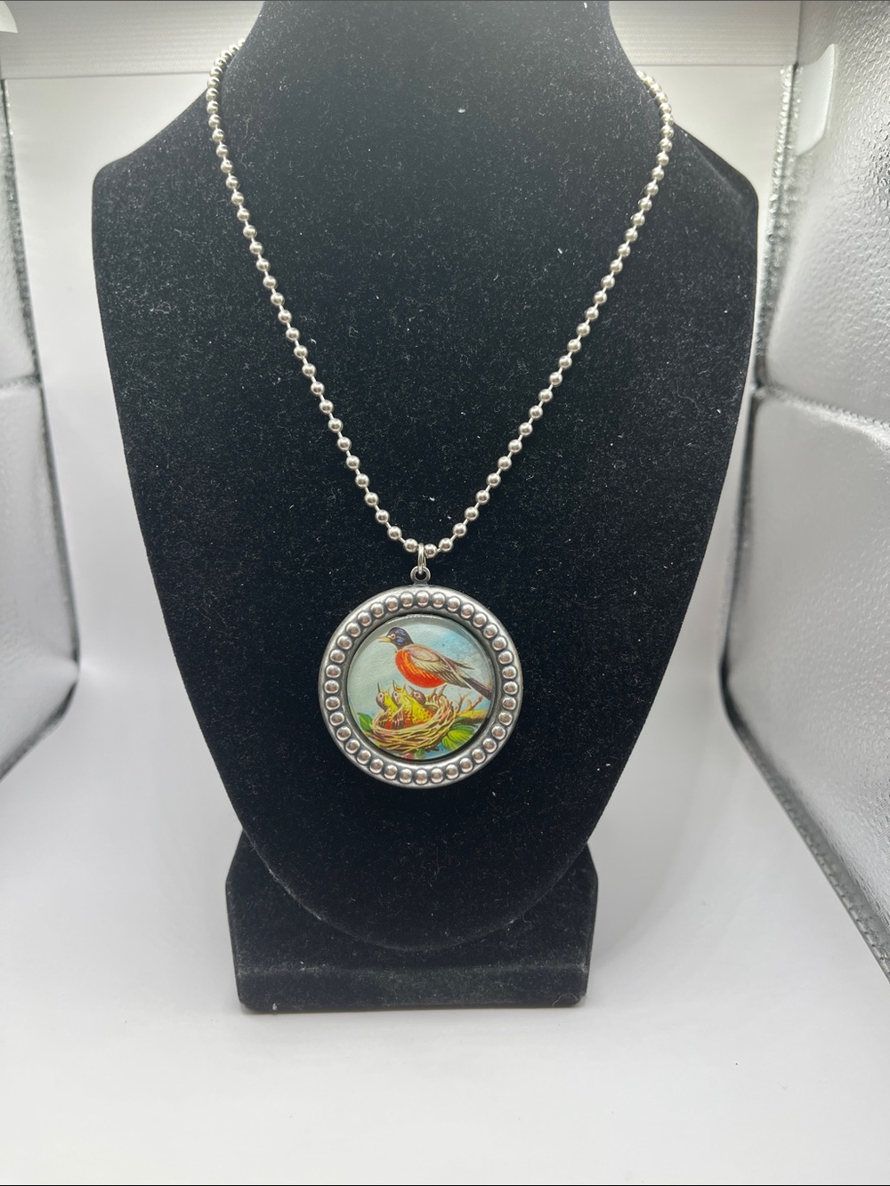 Silver-Tone Bird Pendant Necklace with Orange & Blue Bird Motif - - Picture 1 of 6